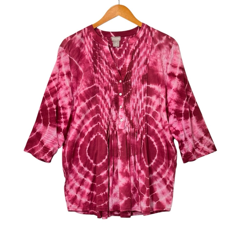 Chico's Top Women's 3P XL Pink Tie Dye Pintuck Tunic Boho Blouse 3/4 Sleeve